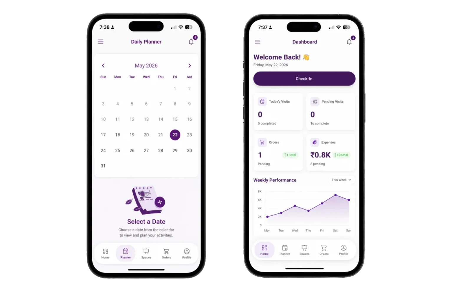 Home 24 Ceuticoz mobile app screens for field operations and sales management